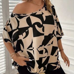 Women's Plus Size Colorblock Geo Print One Shoulder Top with Slight Stretch 18W
